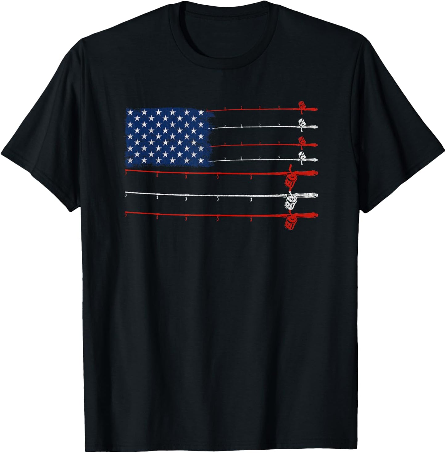 Vintage Fishing Gift | Patriotic American Flag Fishing Poles T-Shirt - T-Shirt | Black