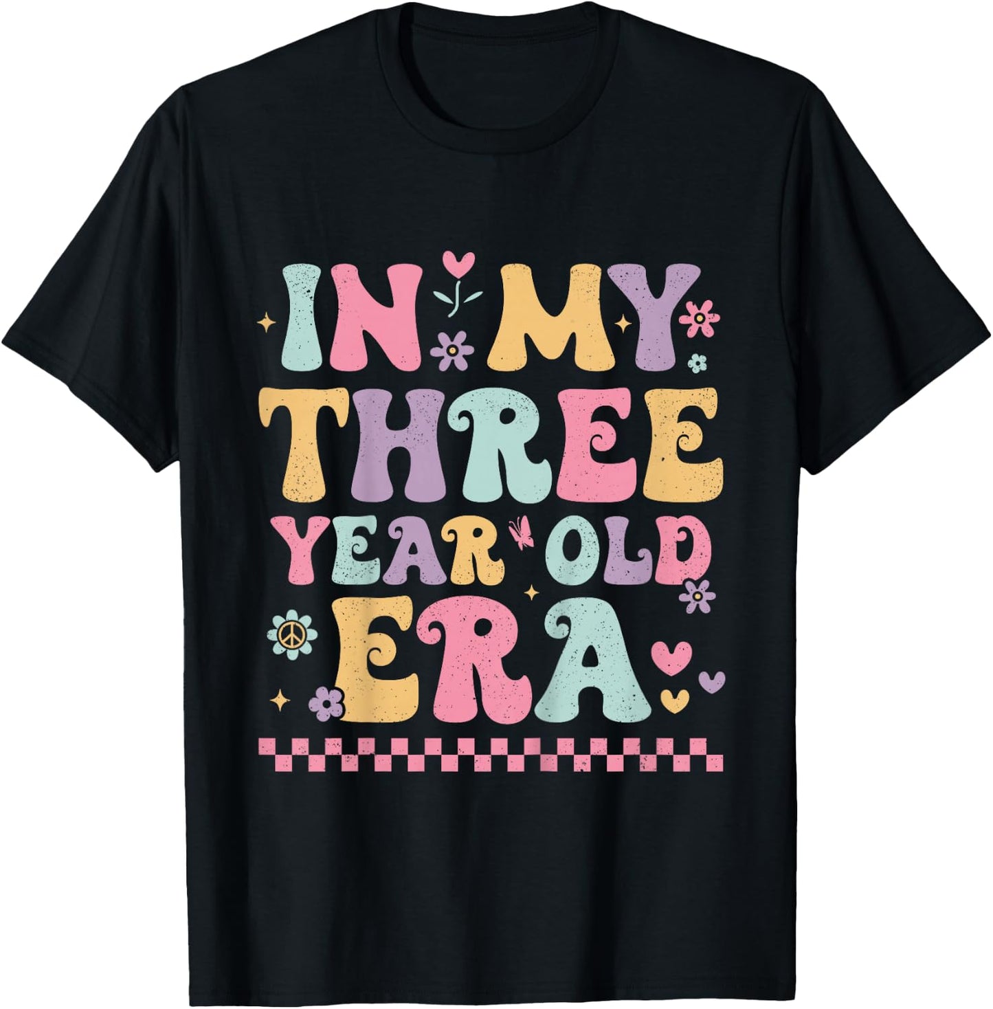 Kids In My Three Year Old Era Bday Groovy Retro 3rd Birthday Girl T-Shirt - T-Shirt | Black