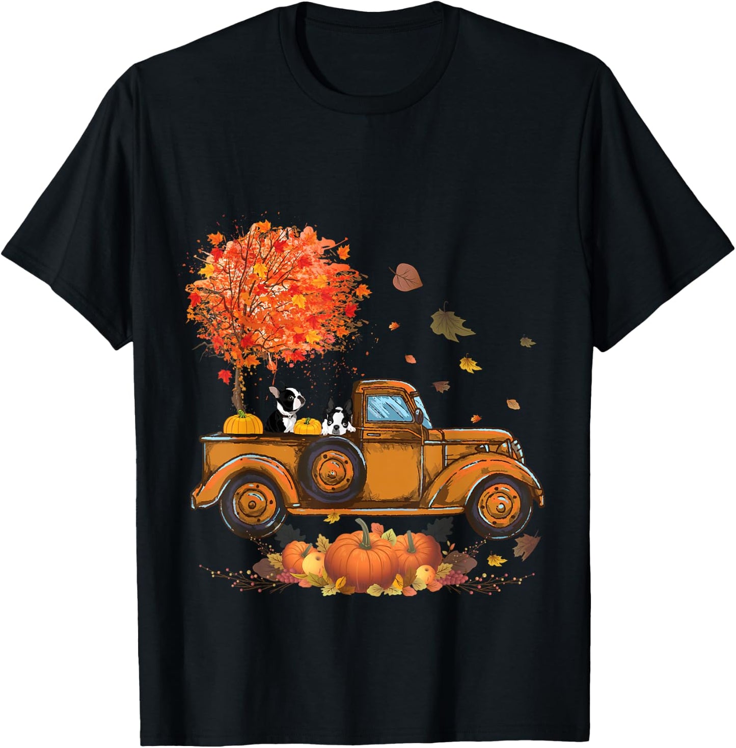 Boston Terrier Pumpkins Truck Autumn Leaf Fall thanksgiving T-Shirt - T-Shirt | Black