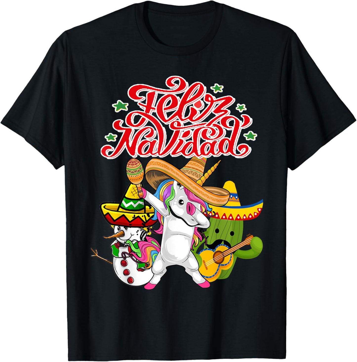 Feliz Navidad Unicorn Cactus Funny Mexican Christmas T-Shirt - T-Shirt | Black