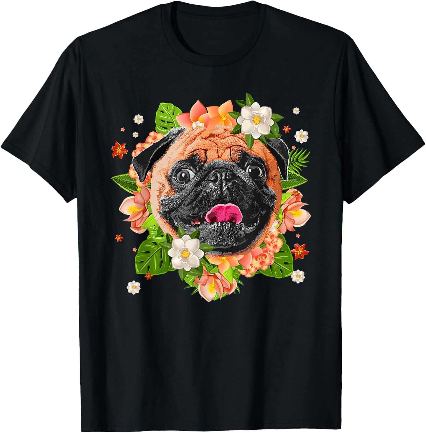 Cool Pug Dog Women Girls Pug Lovers Flower Hawaiian T-Shirt - T-Shirt | Black