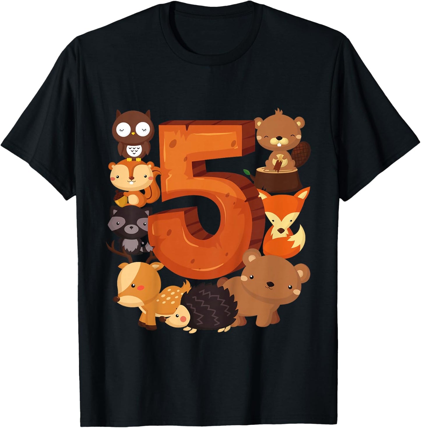 5 Year Old Woodland Animal Birthday Party Forest 5th Gift T-Shirt - T-Shirt | Black