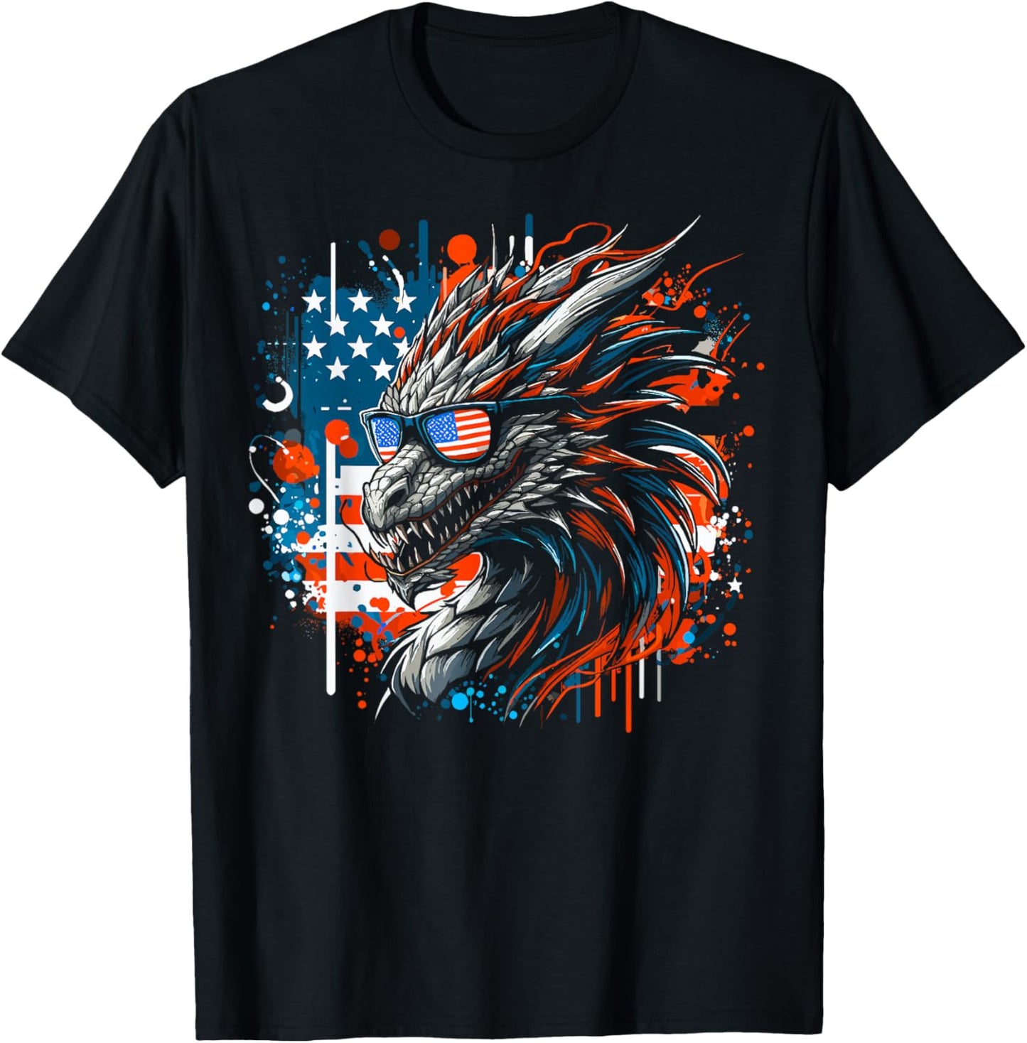 4th of July Patriotic Dragon Fantasy Blue & Red Dragon USA T-Shirt - T-Shirt | Black