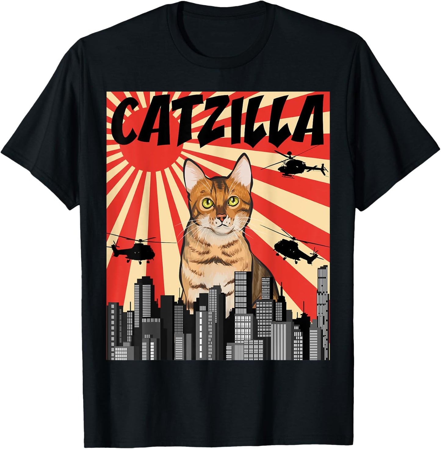 Funny Retro Japanese Catzilla Bengal Cat T-Shirt - T-Shirt | Black