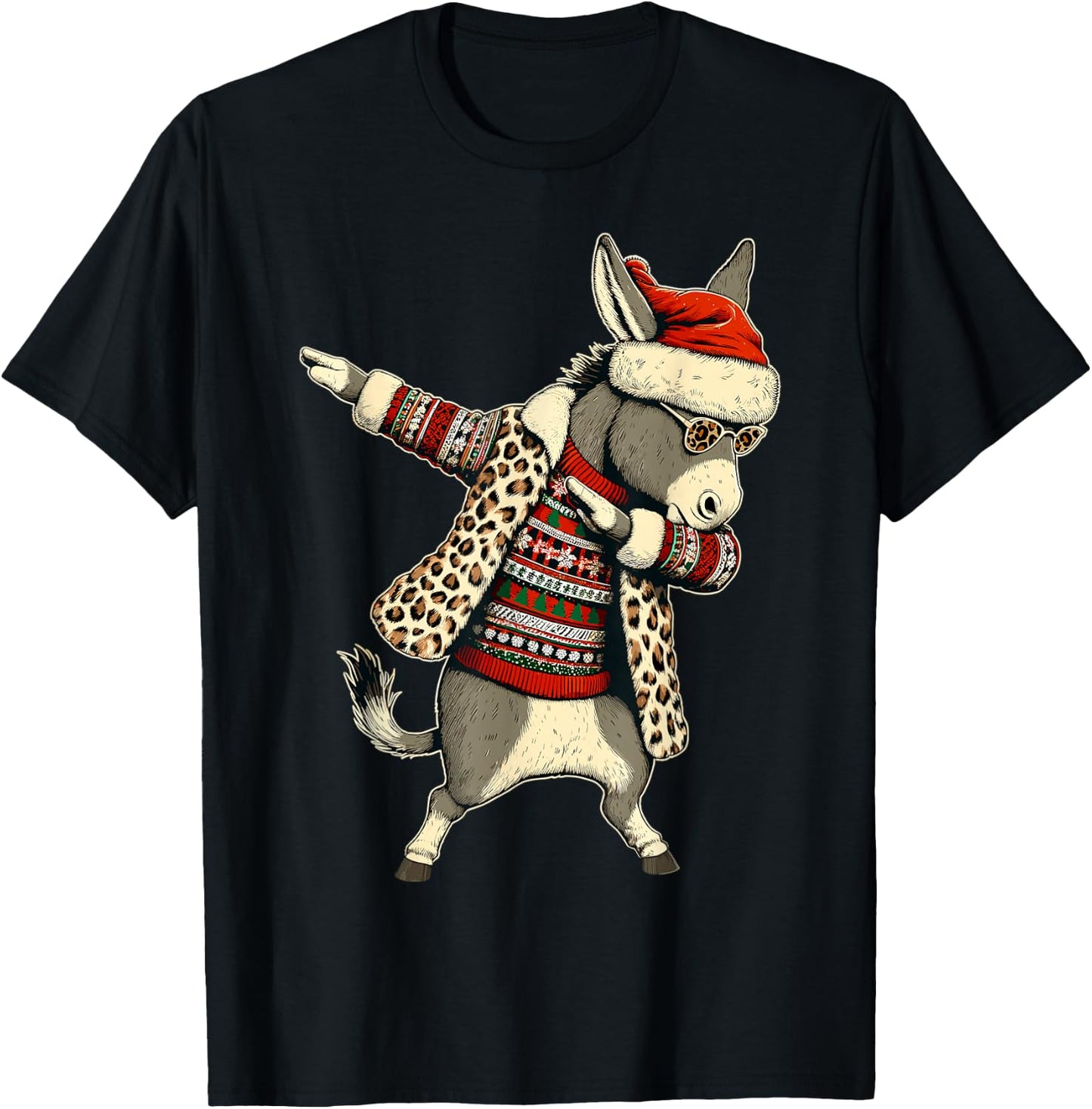 Donkey Leopard Print Dabbing Santa Hat Christmas Pajama Love T-Shirt - T-Shirt | Black