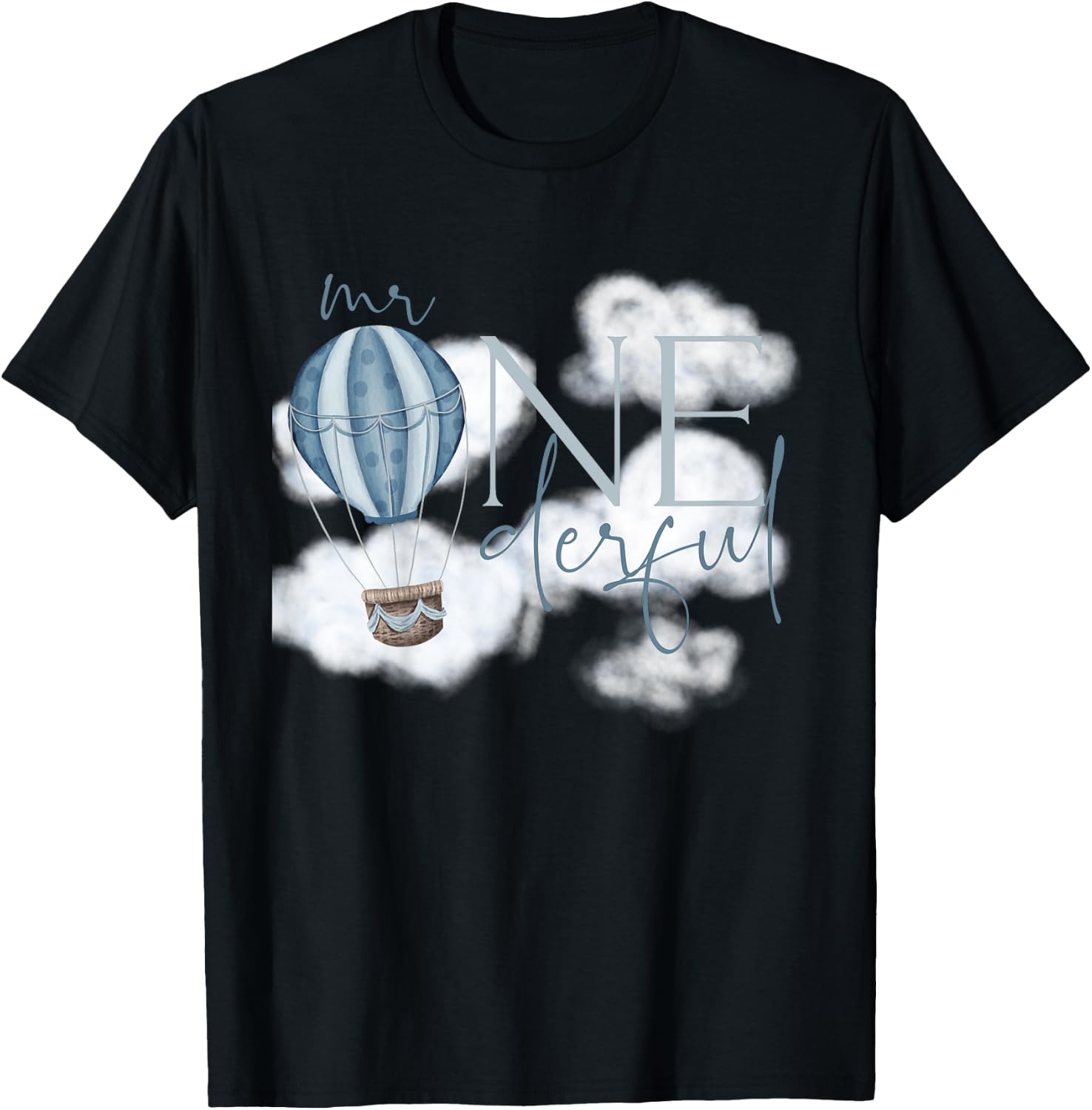 Kids Mr Onederful Hot Air Balloon Blue 1st Birthday Boy Party T-Shirt - T-Shirt | Black