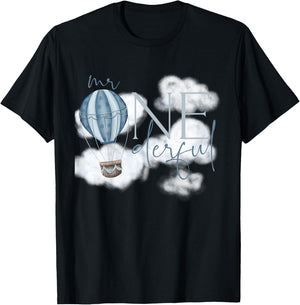 Kids Mr Onederful Hot Air Balloon Blue 1st Birthday Boy Party T-Shirt - T-Shirt | Black