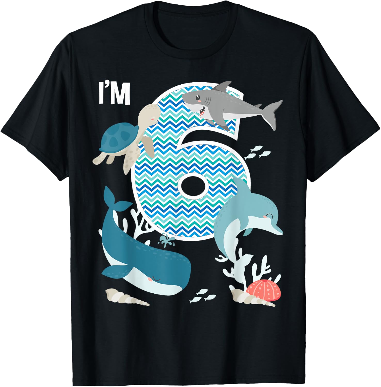 Kids 6 Year Old Ocean Life Whale Dolphin Shark 6th Birthday T-Shirt - T-Shirt | Black