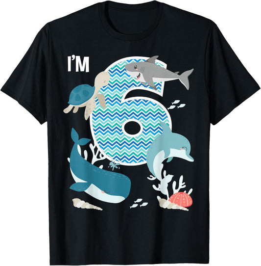 Kids 6 Year Old Ocean Life Whale Dolphin Shark 6th Birthday T-Shirt - T-Shirt | Black
