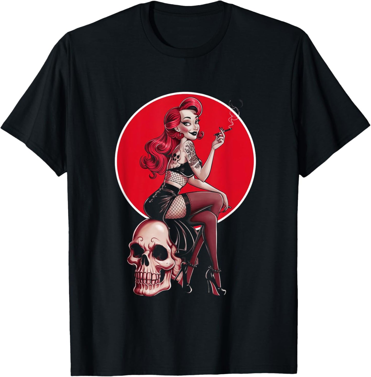 Tattoo Goth Pin-up Girl with Skull Vintage Horror Rockabilly T-Shirt - T-Shirt | Black