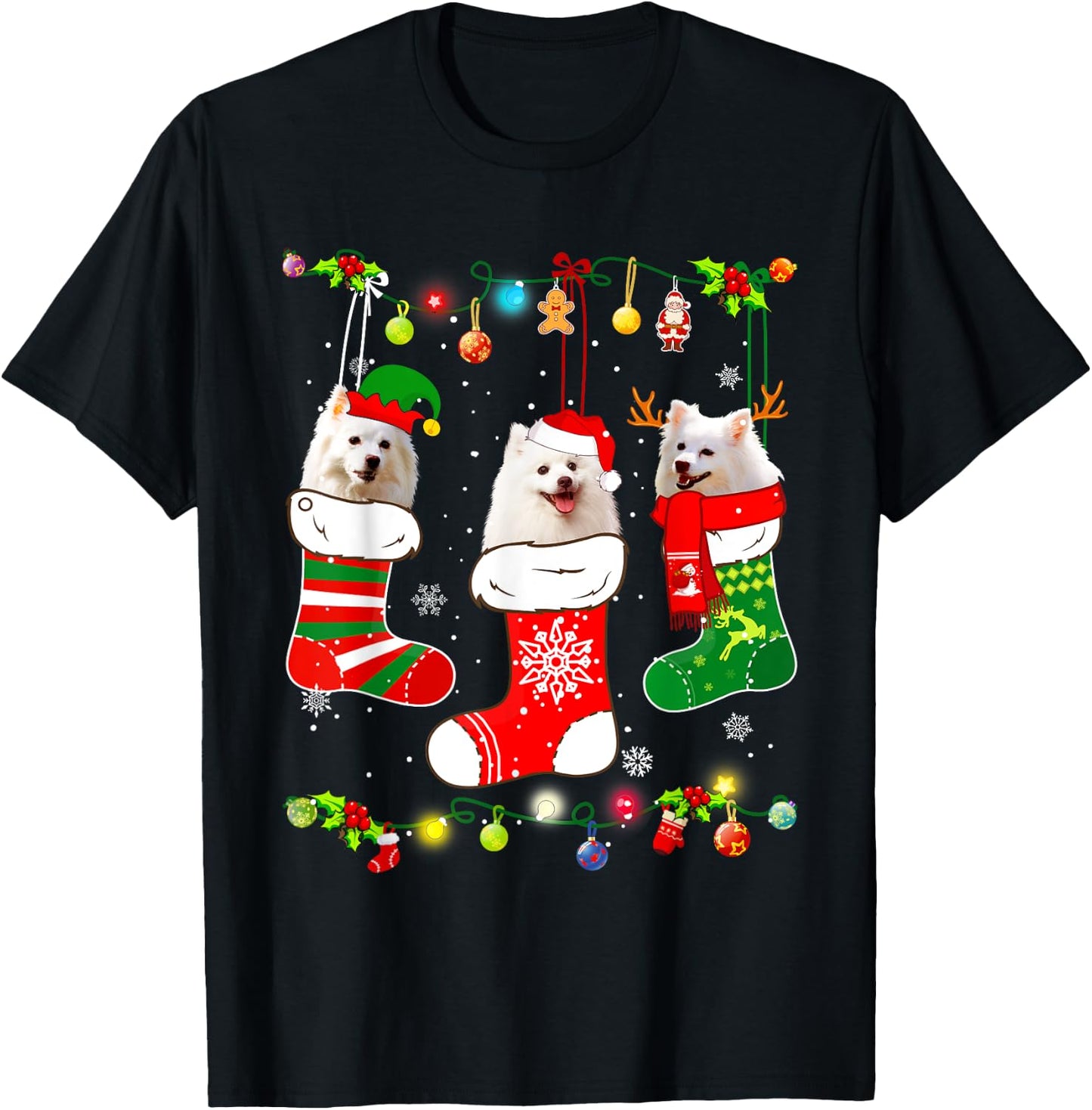American Eskimo Christmas Lights Funny Puppy Xmas Dog Lover T-Shirt - T-Shirt | Black