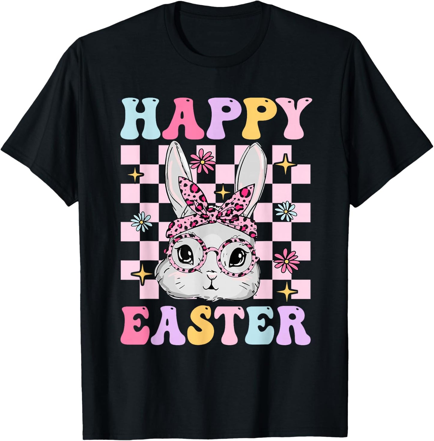 Retro Groovy Happy Easter Bunny Checkered Girl Kid T-Shirt - T-Shirt | Black