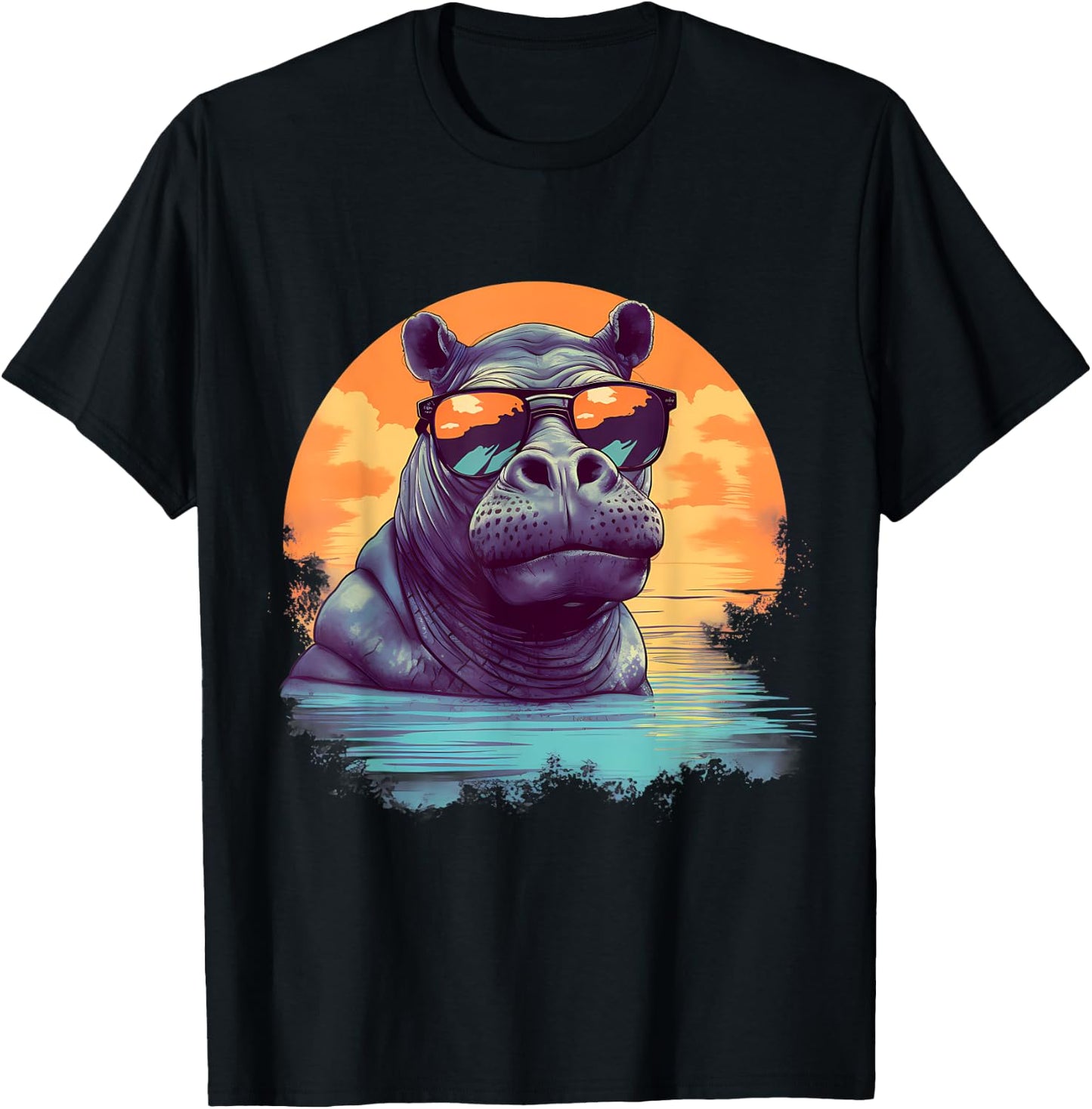 Hippo Sunglasses Colourful Artwork Safari Hippopotamus T-Shirt - T-Shirt | Black