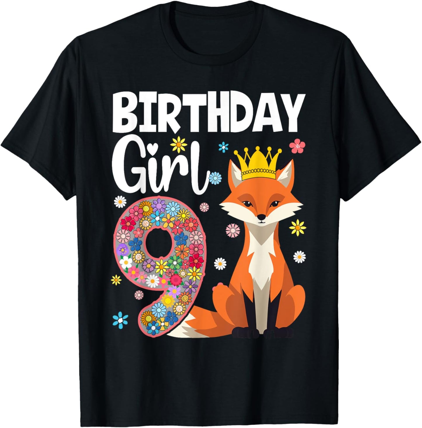 Fox Animal Lovers 9th Birthday Girl Fox B-day 9 year old T-Shirt - T-Shirt | Black