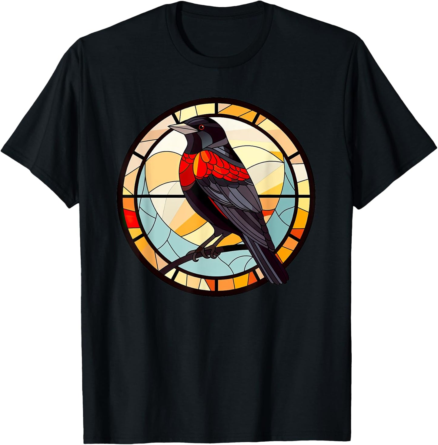 Red Winged Blackbird StainedGlass Red-Winged Blackbird Lover T-Shirt - T-Shirt | Black