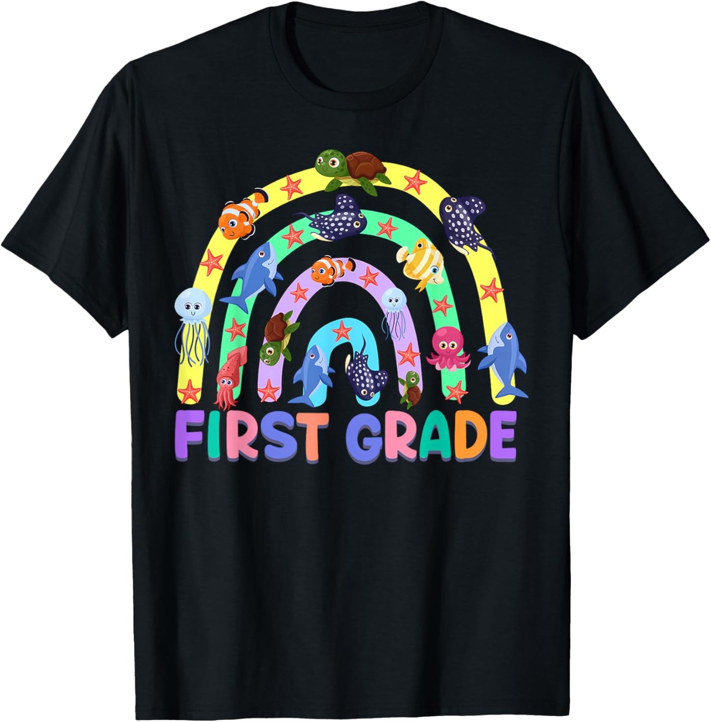 1St Grade Teacher Rainbow Ocean Animal First Grade Men Women Kids T-Shirt - T-Shirt | Black