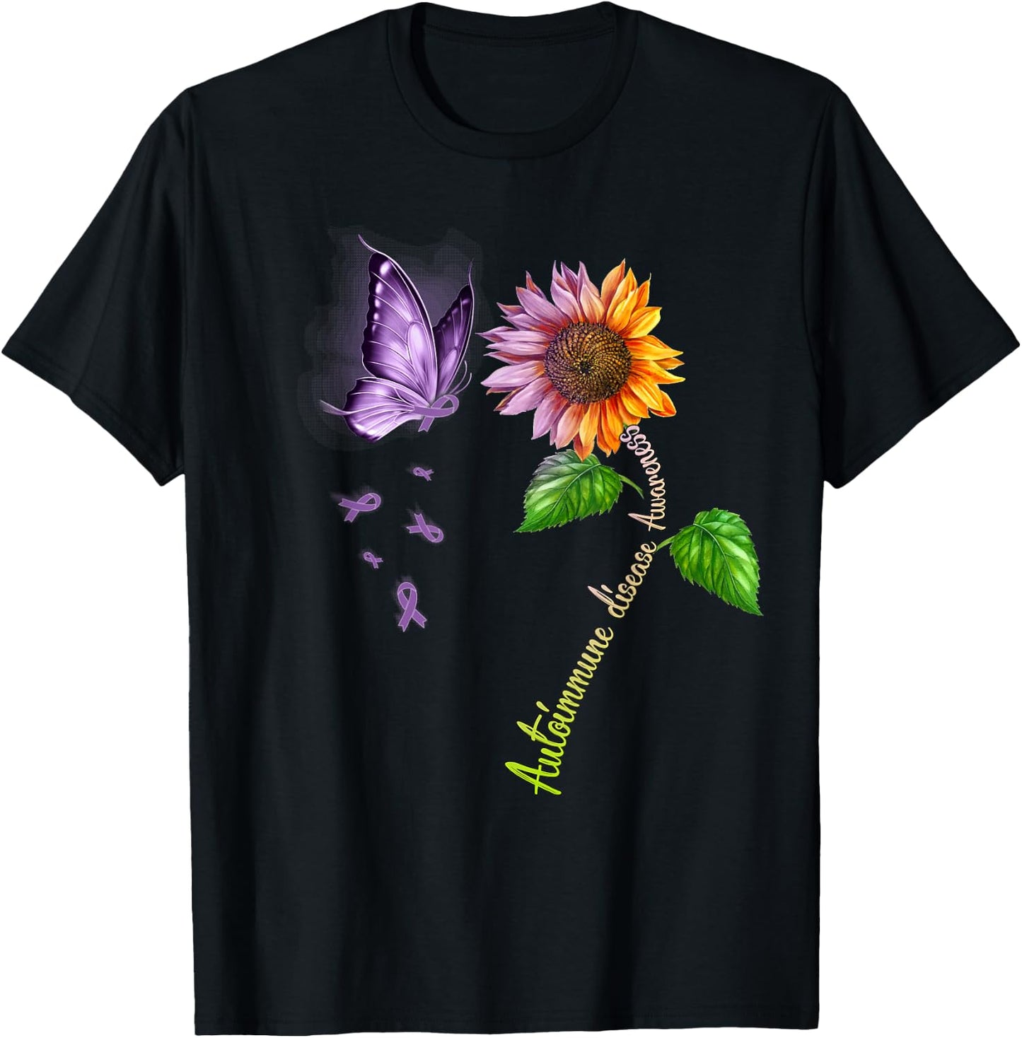 Butterfly Sunflower Autoimmune disease Awareness T-Shirt - T-Shirt | Black