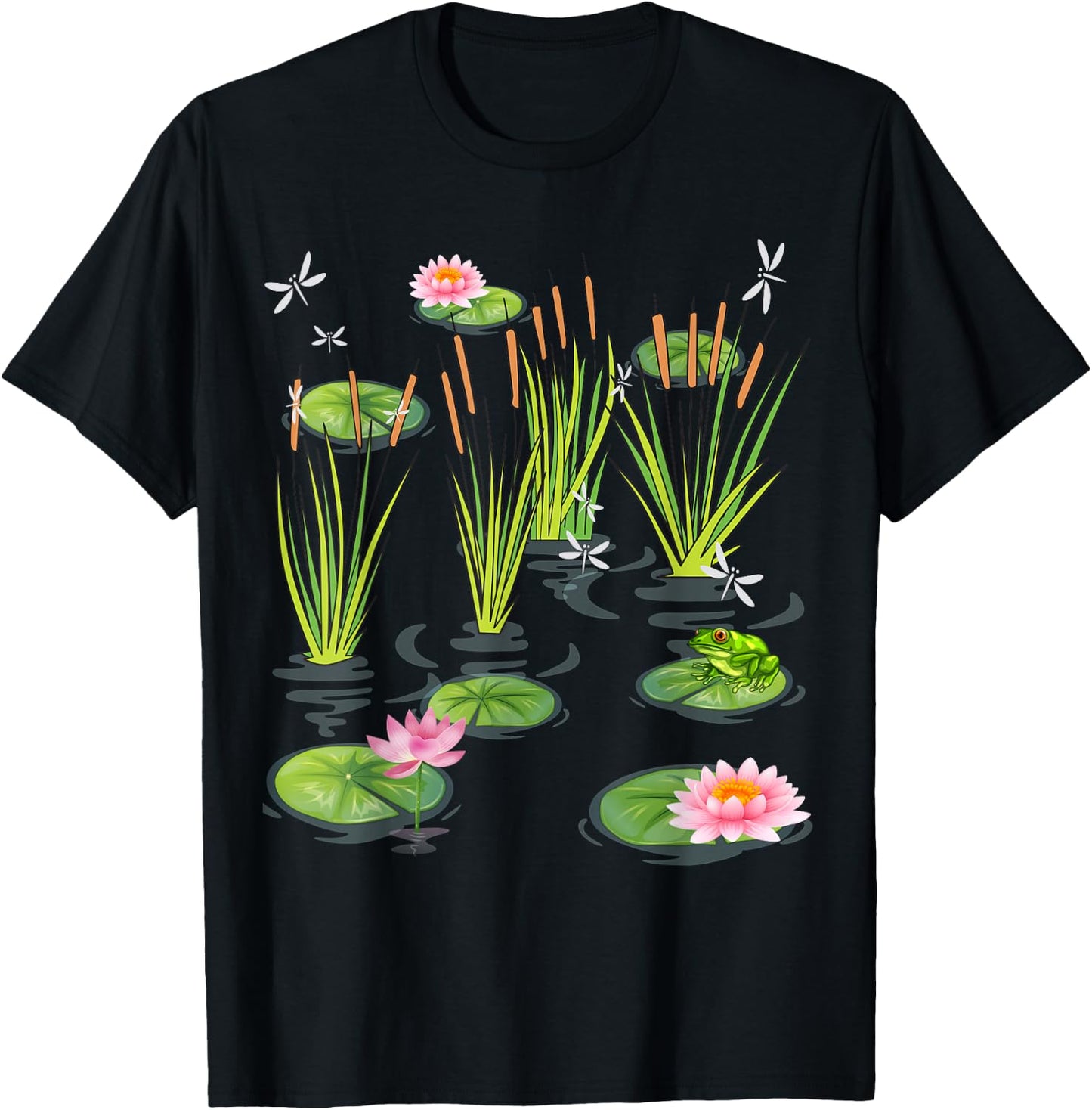 Water Lily Dragonflies with Frog on Lily Leaf Cattails T-Shirt - T-Shirt | Black
