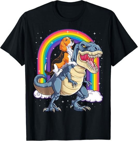 Beagle Riding Dinosaur T-rex Gifts Boys Kids Men Rainbow T-Shirt - T-Shirt | Black