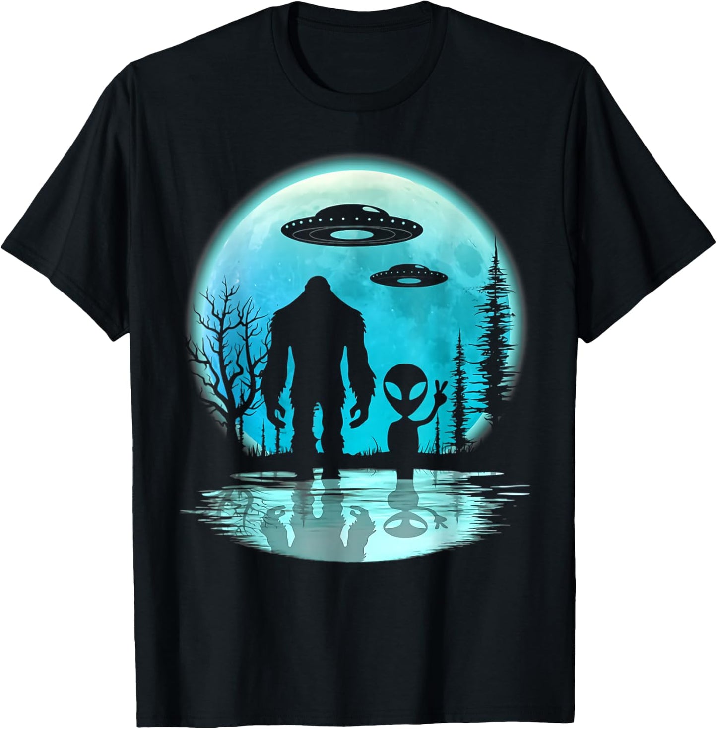 Alien And Bigfoot Moon T-Shirt - T-Shirt | Black