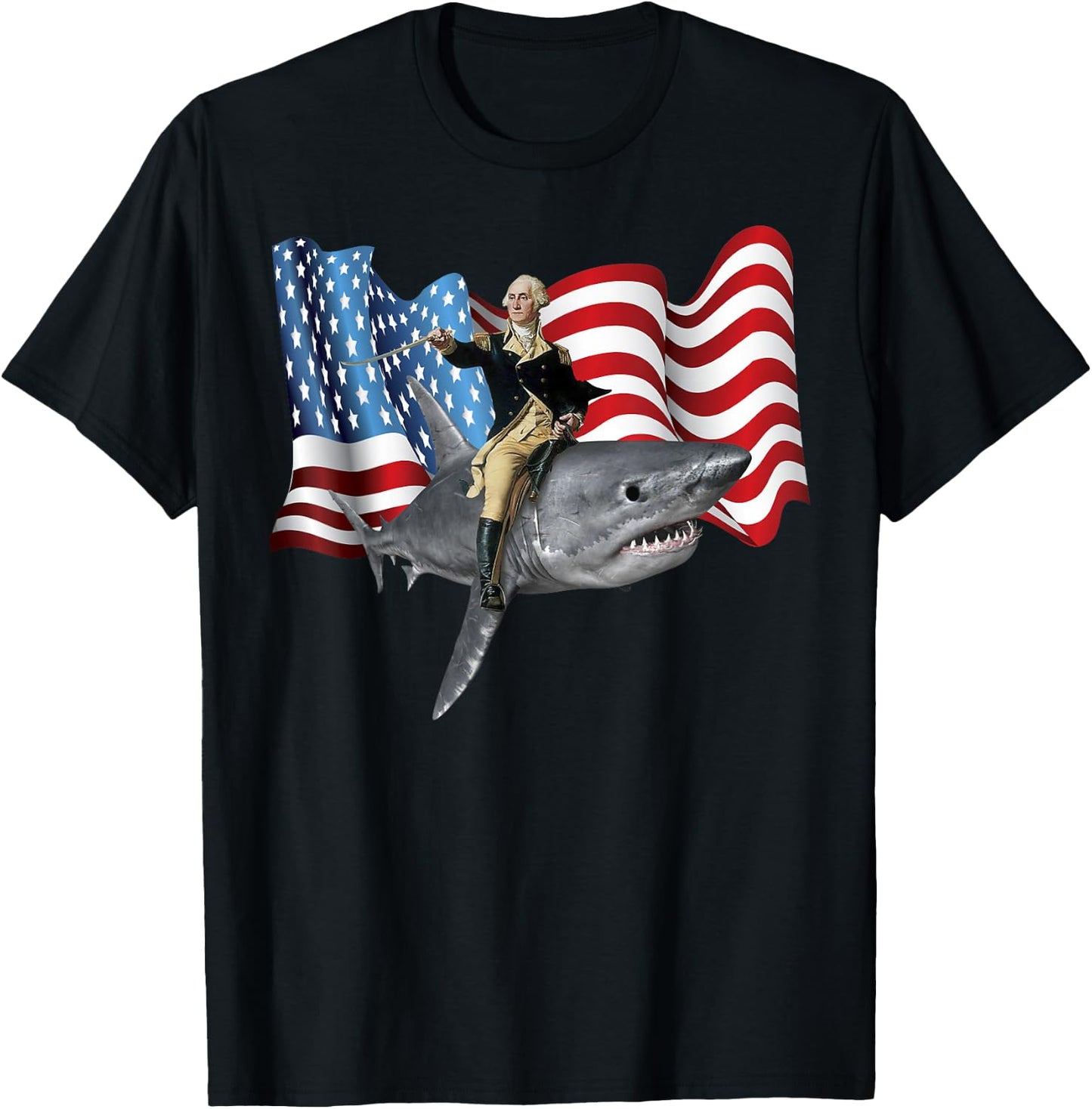 4th of July Washington Riding A Shark Patriotic Gift T-Shirt - T-Shirt | Black