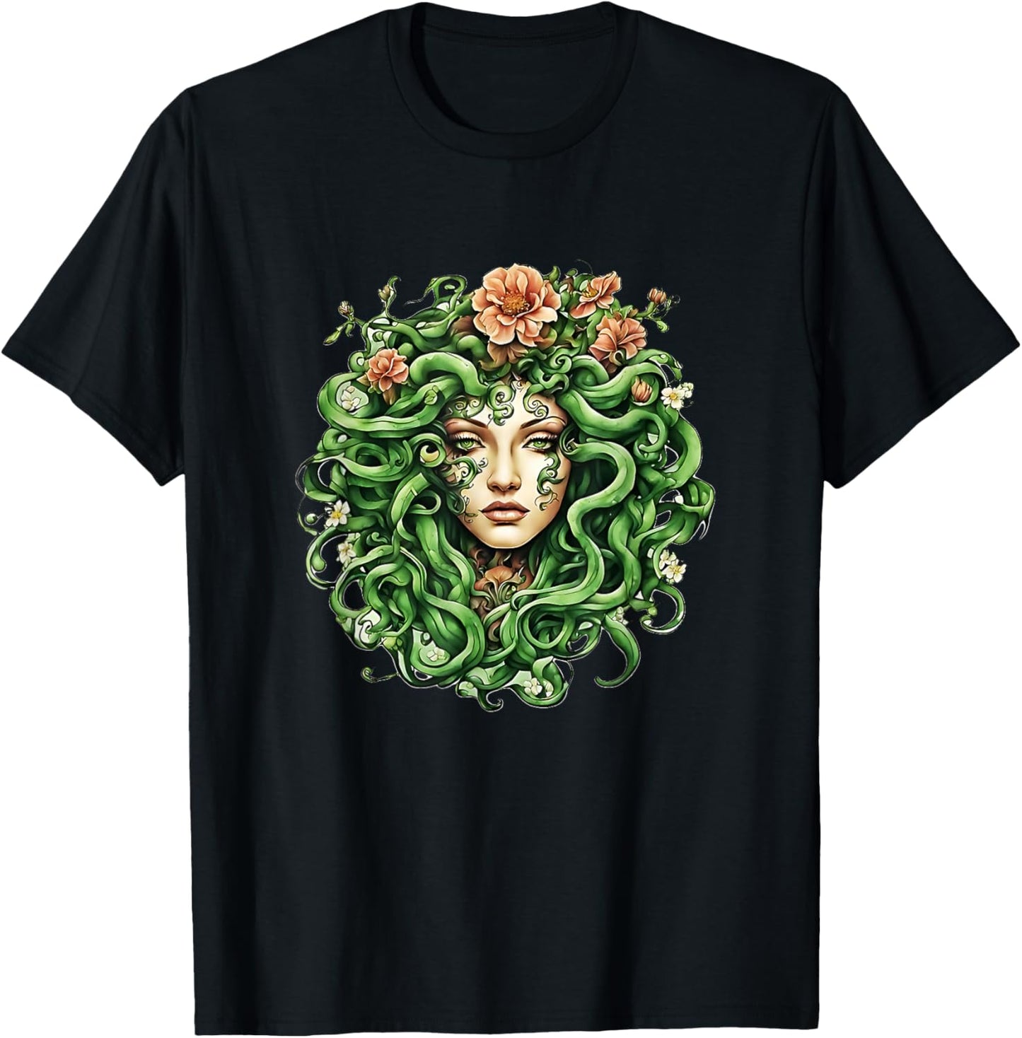 Head of Medusa with flowers Gift Men Women T-Shirt - T-Shirt | Black