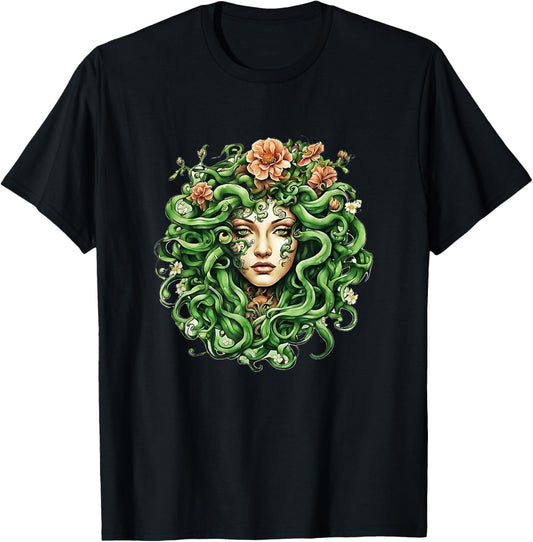 Head of Medusa with flowers Gift Men Women T-Shirt - T-Shirt | Black