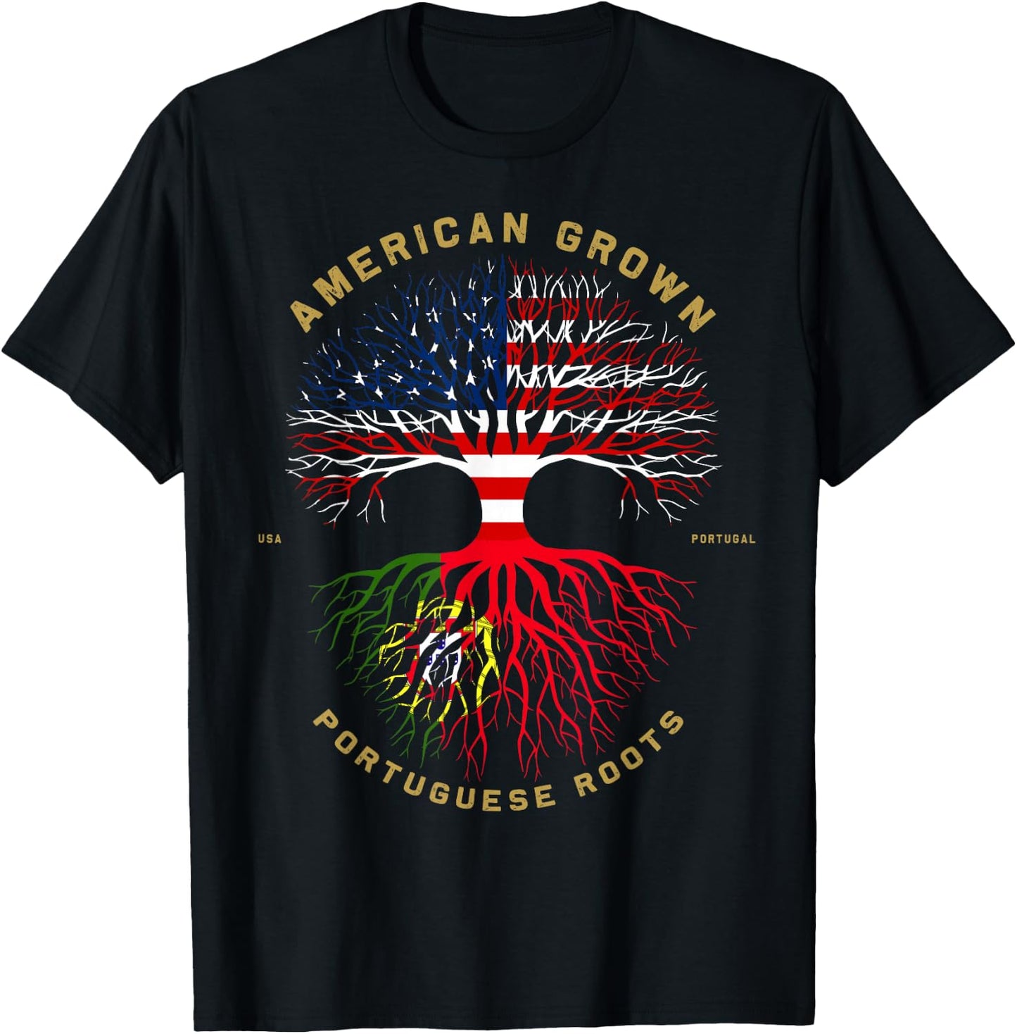 American Grown with Portuguese Roots Tree USA Flag Gifts T-Shirt - T-Shirt | Black