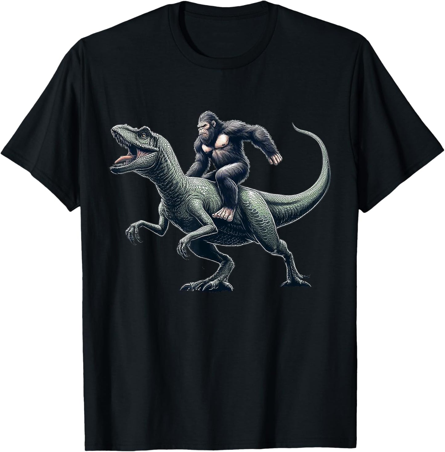 Bigfoot Riding Dinosaur T Rex Funny Gift Women Boys T-Shirt - T-Shirt | Black