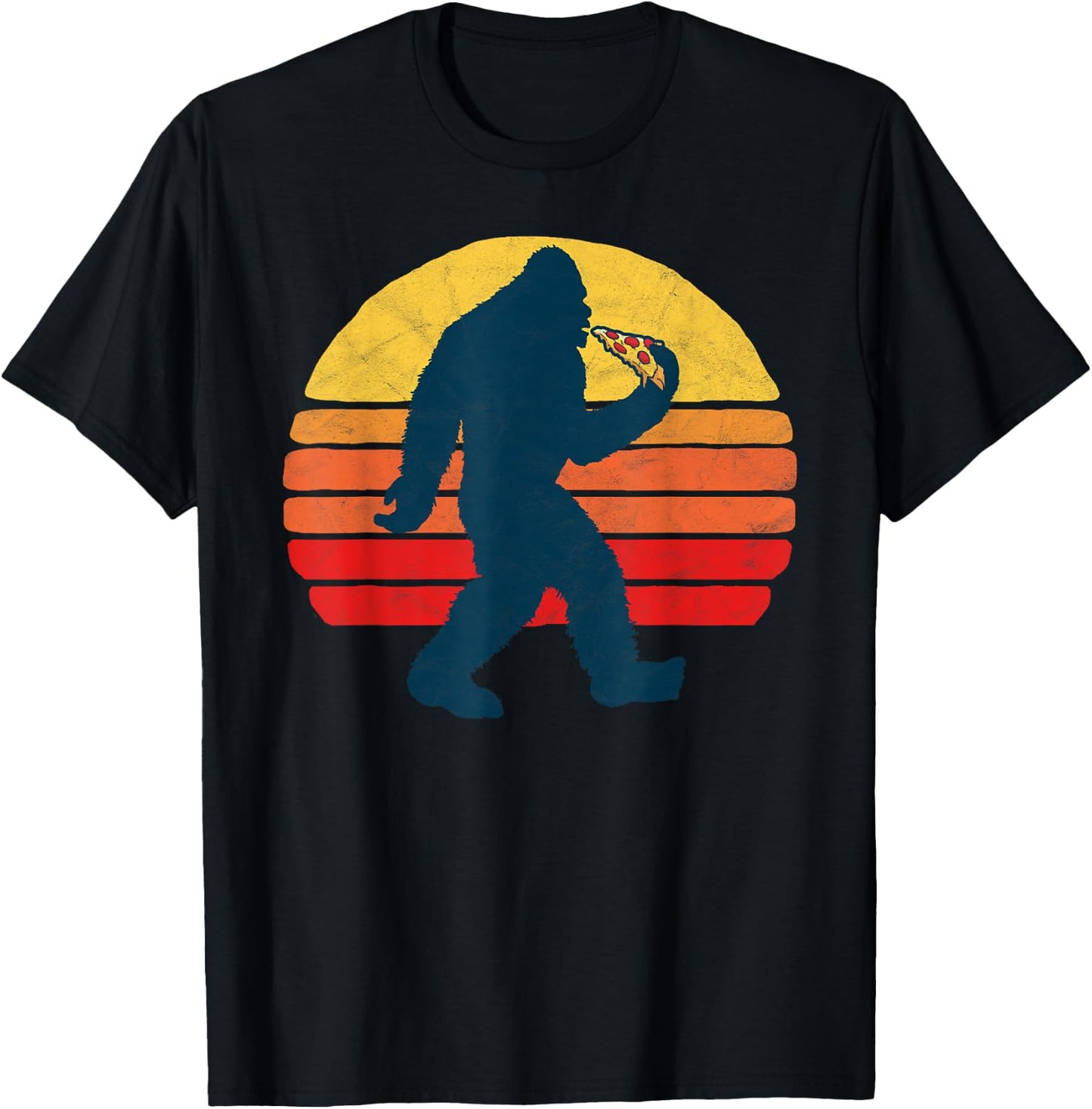 Sasquatch and Pizza! Funny Eating Bigfoot & 80s Sun Graphic T-Shirt - T-Shirt | Black