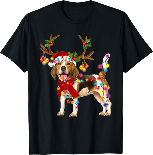 Beagle Gorgeous Reindeer Beagle Christmas Tree Light Xmas T-Shirt - T-Shirt | Black