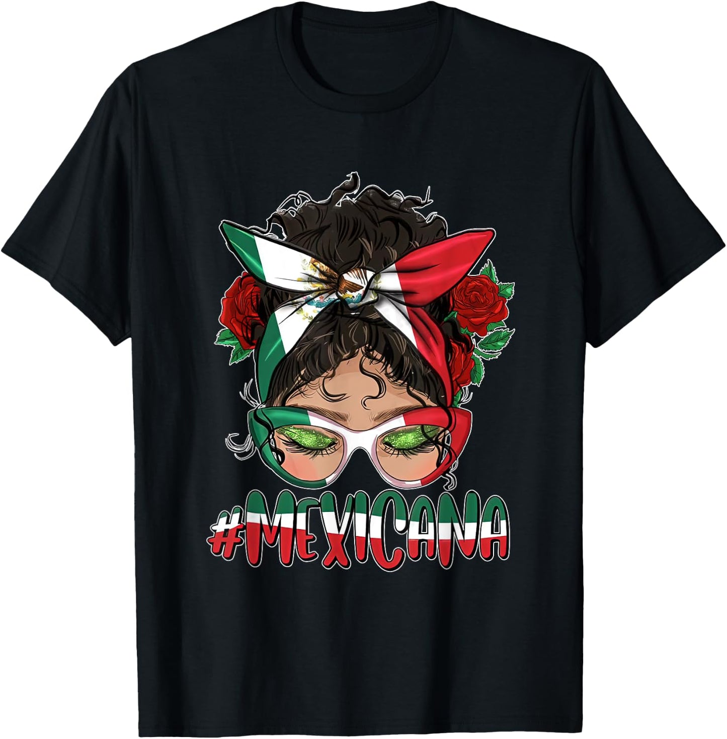 Cinco De Mayo Mexicana Messy Bun Hair Glasses Mexico Girl T-Shirt - T-Shirt | Black