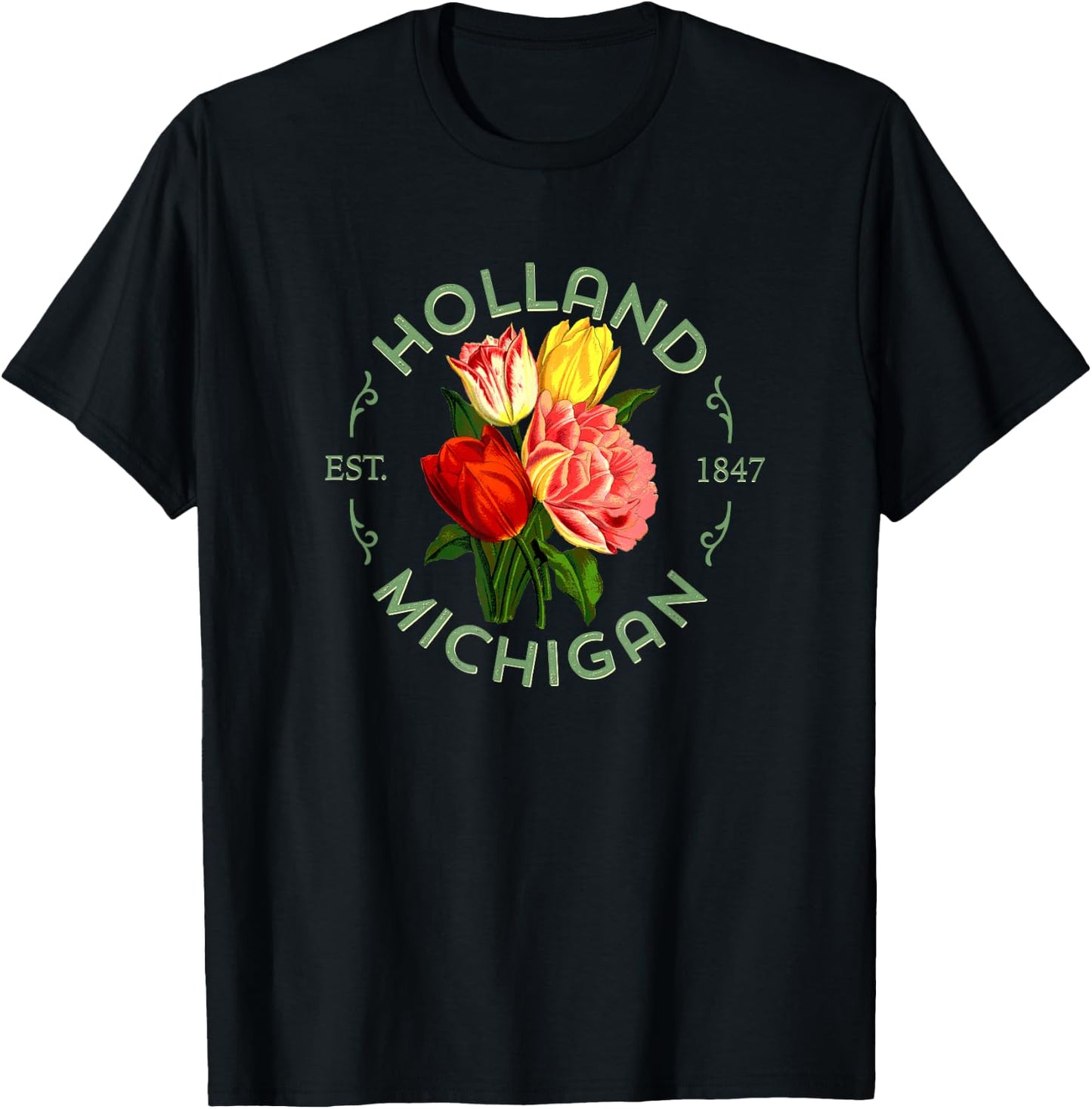 Holland Michigan Botanical Tulip Floral Women Girls Gardener T-Shirt - T-Shirt | Black
