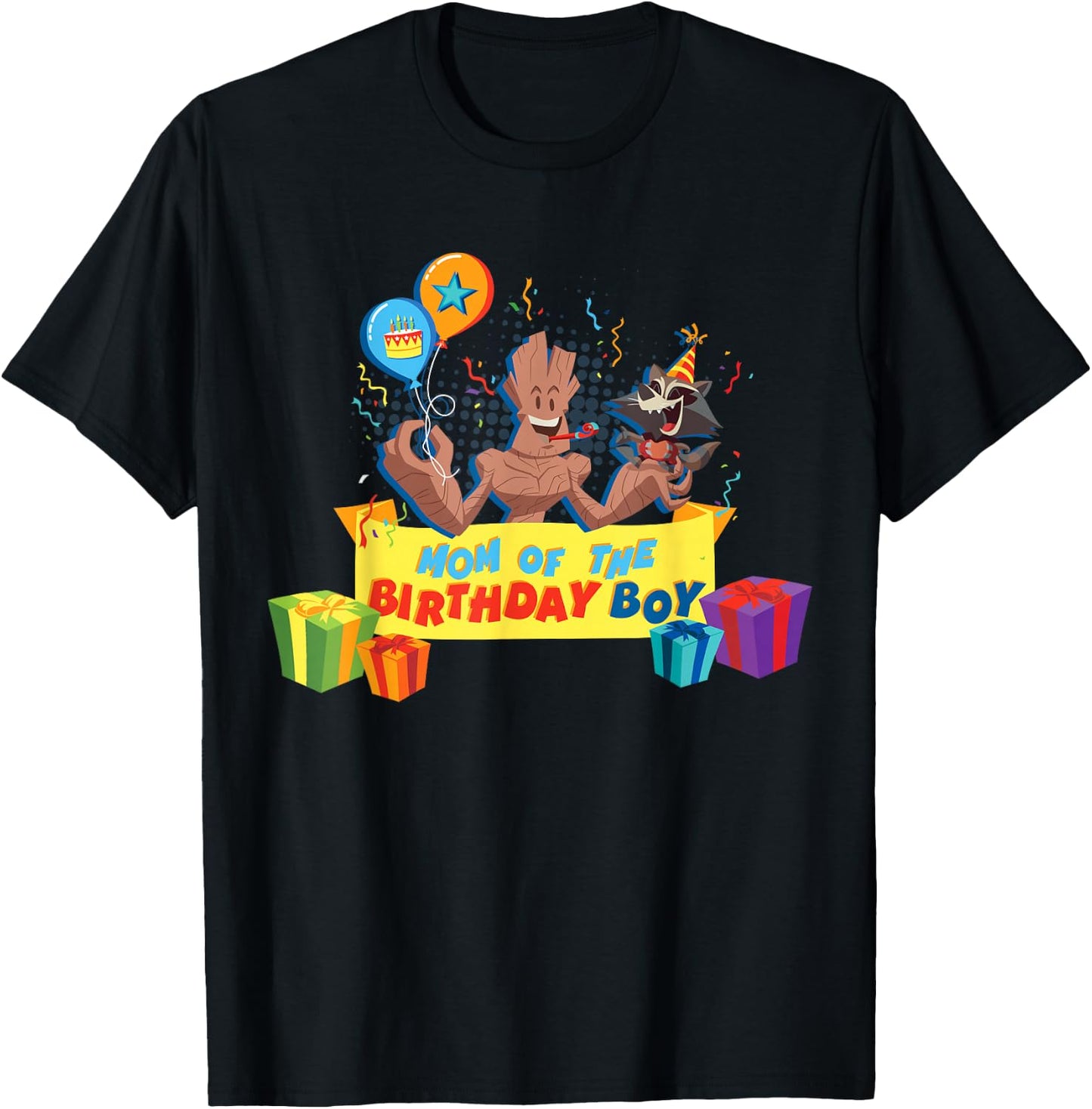 Marvel Rocket & Groot Family Party Mom of the Birthday Boy T-Shirt - T-Shirt | Black