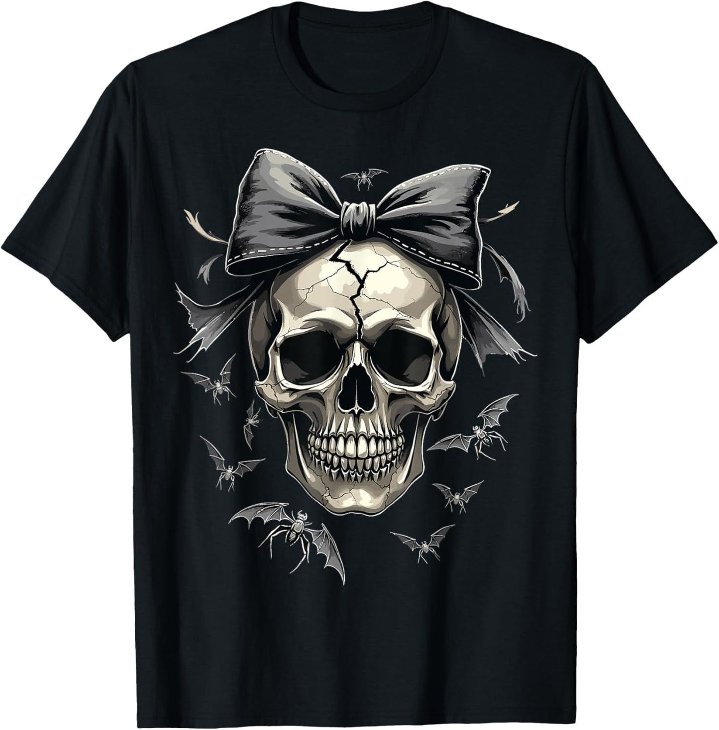Coquette Skull with Bow and Bats Spooky Halloween T-Shirt - T-Shirt | Black