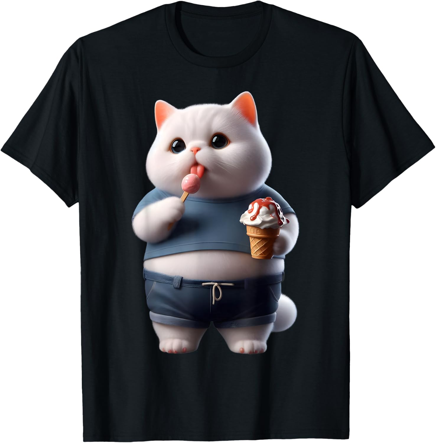Funny Fat Cat Men Women Kids Ice Cream Fat Kitten Cat Lover T-Shirt - T-Shirt | Black