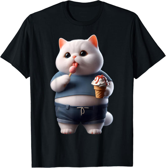 Funny Fat Cat Men Women Kids Ice Cream Fat Kitten Cat Lover T-Shirt - T-Shirt | Black