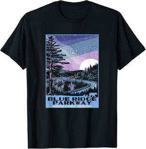Blue Ridge Parkway at Night WPA Style Vintage Stars & Moon T-Shirt - T-Shirt | Black