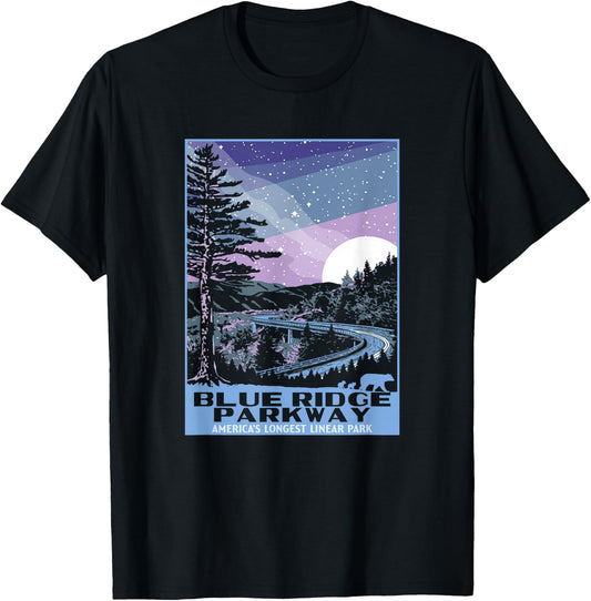 Blue Ridge Parkway at Night WPA Style Vintage Stars & Moon T-Shirt - T-Shirt | Black