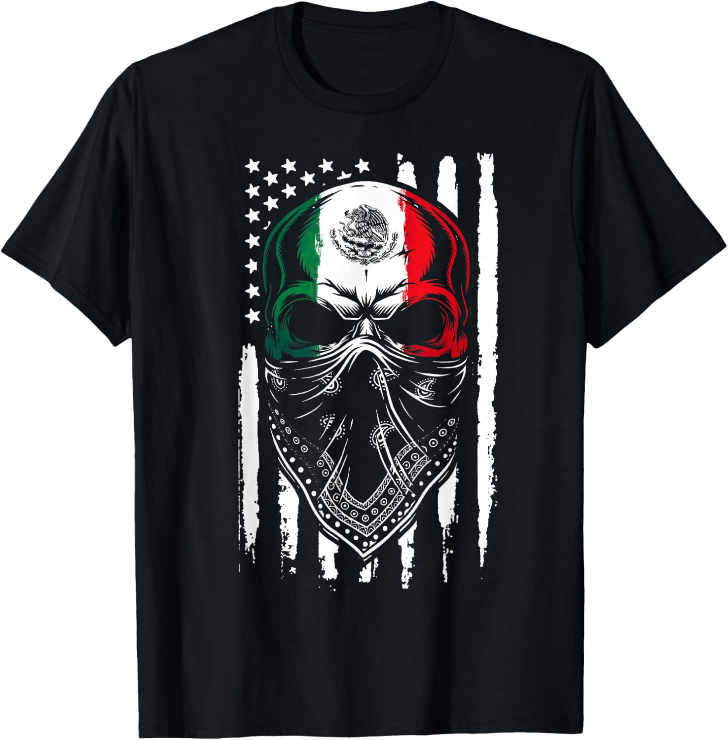 Skull Patriotic Mexican American Aztec Day of The Dead T-Shirt - T-Shirt | Black