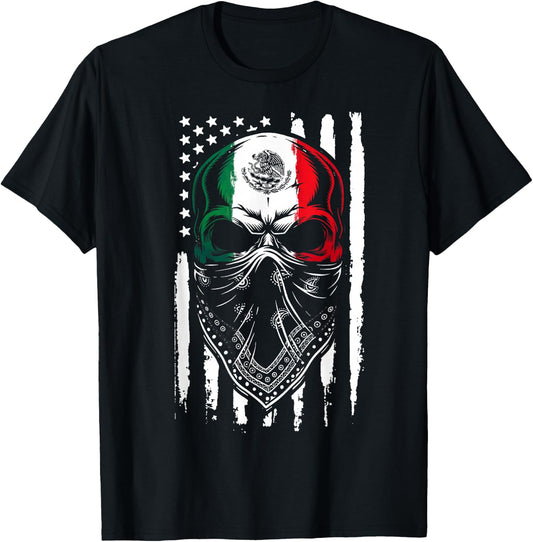 Skull Patriotic Mexican American Aztec Day of The Dead T-Shirt - T-Shirt | Black