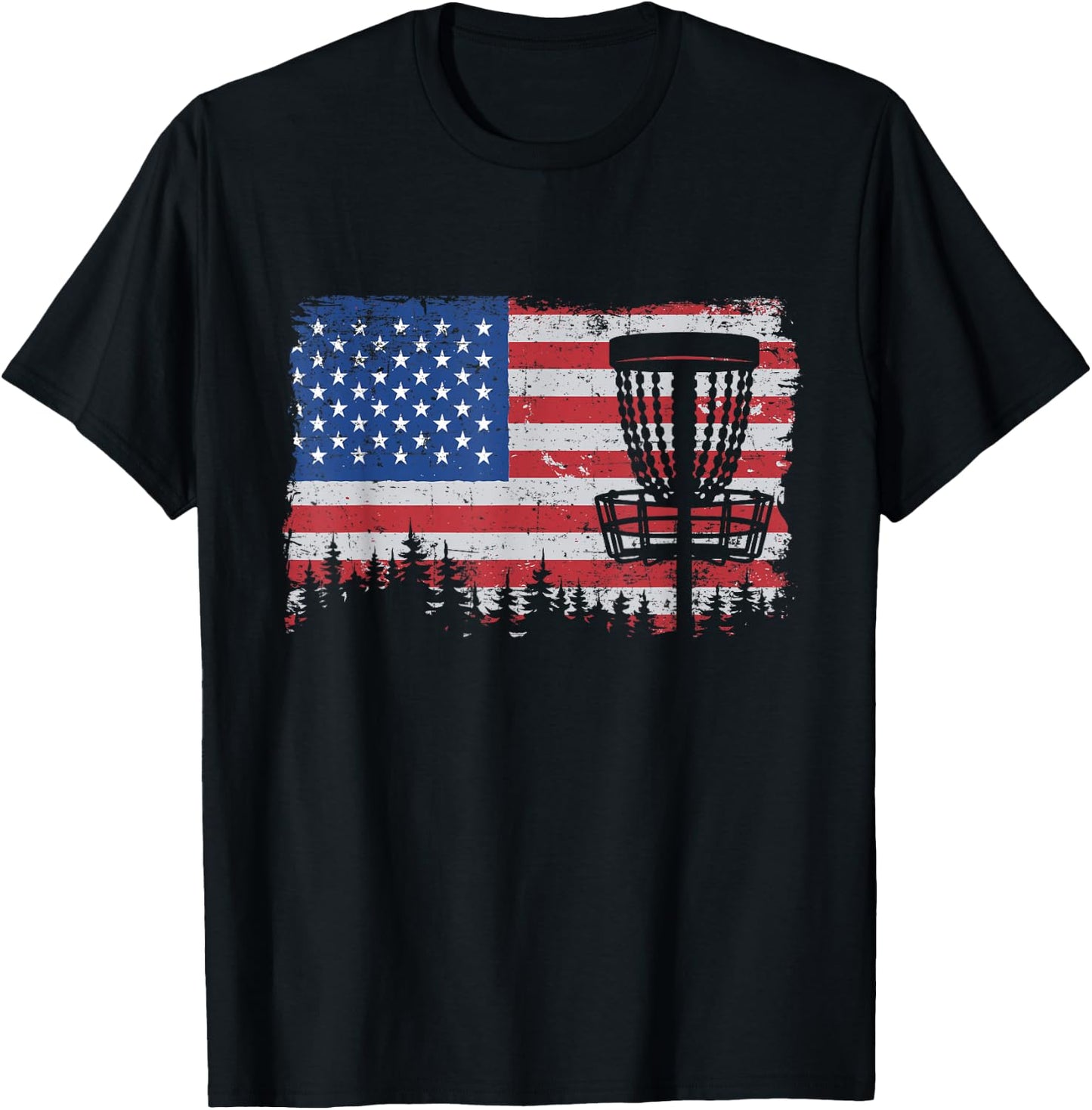 US American Flag Disc Golf Basket Frisbee Vintage Disc Golf T-Shirt - T-Shirt | Black