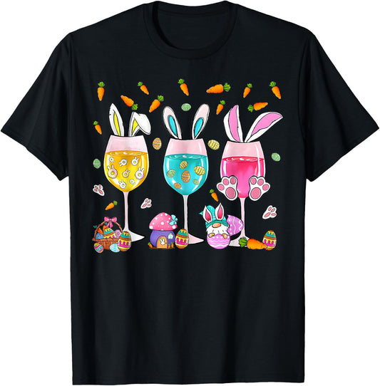 Funny Wine Glasses Bunny with Egg Basket Spring Easter Women T-Shirt - T-Shirt | Black