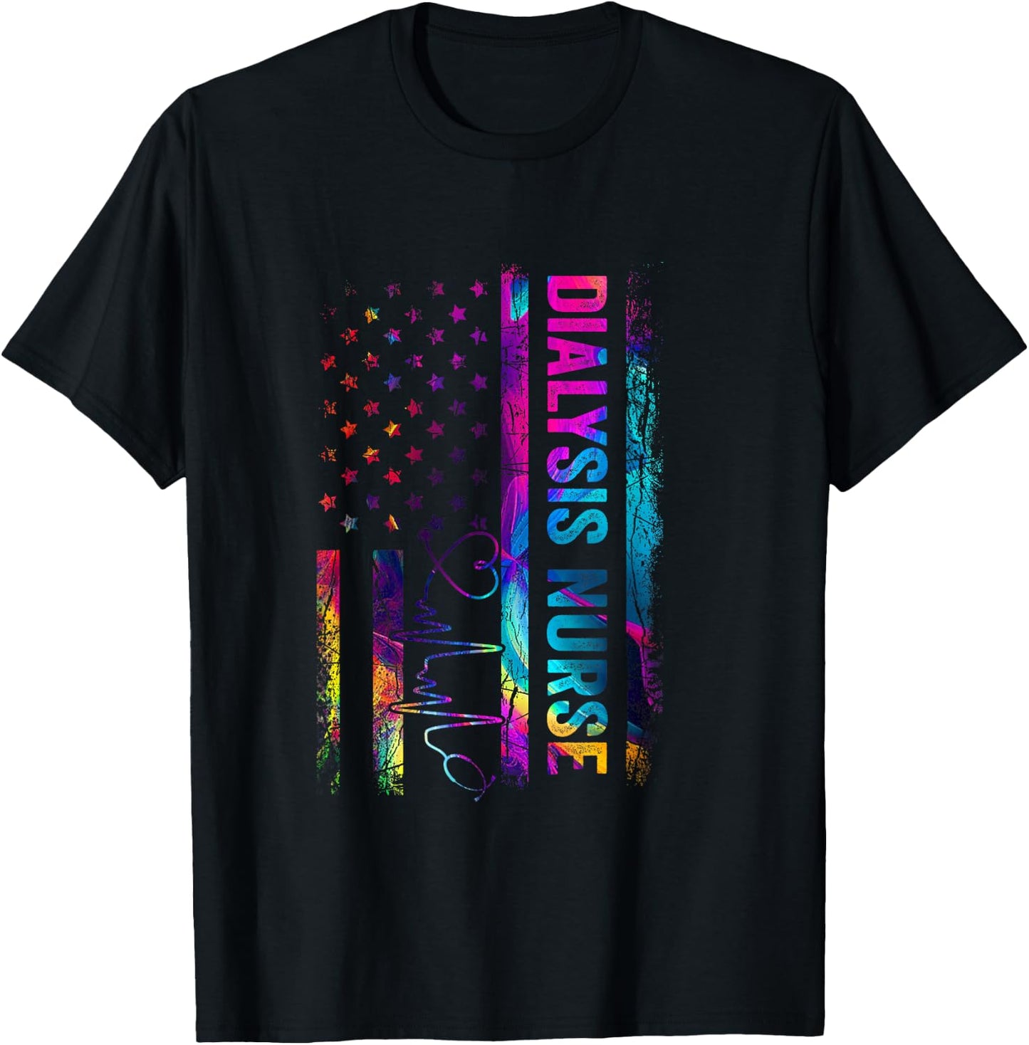 Dialysis Nurse Tie Dye American Flag Patriotic Nurse Day T-Shirt - T-Shirt | Black