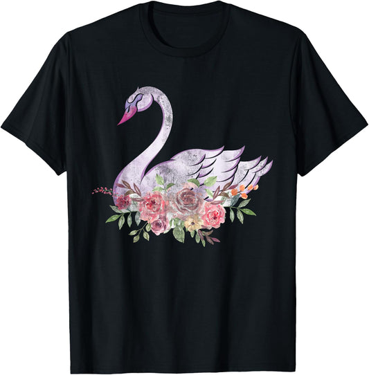 Women Girls Gift Pretty Animal Flower Crown Swan T-Shirt - T-Shirt | Black
