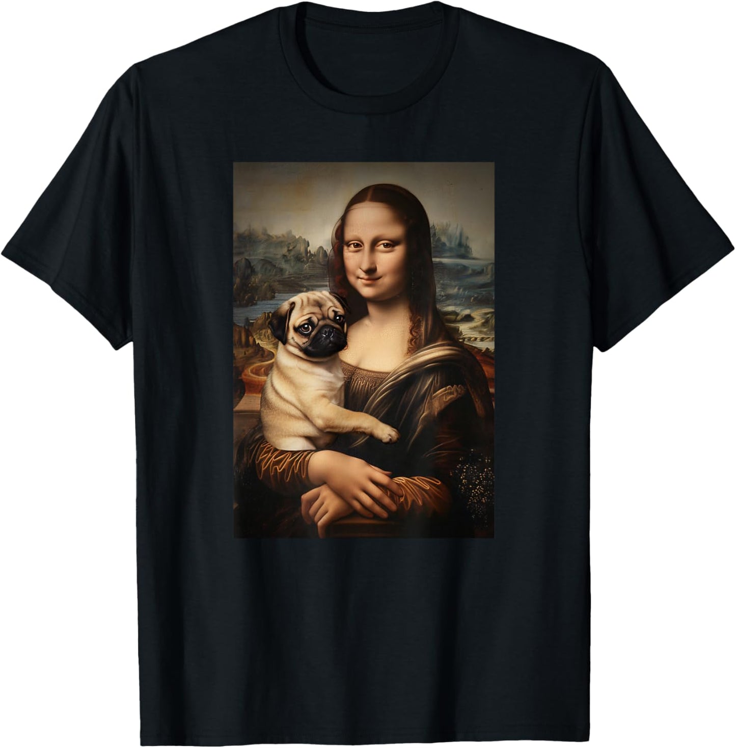 Pug Mona Lisa Painting Art Dog Mom Dad T-Shirt - T-Shirt | Black