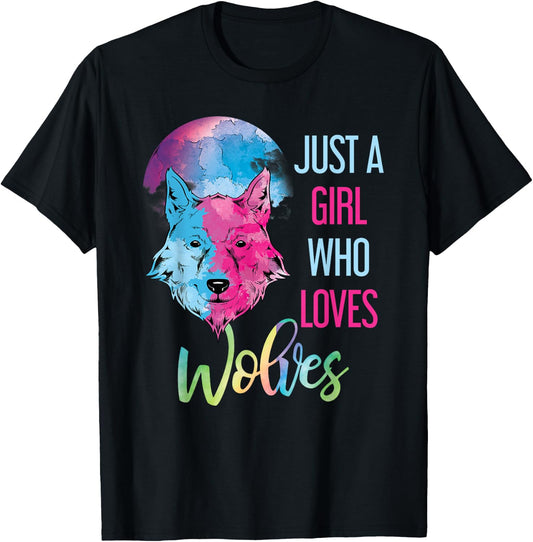 Just A Girl Who Loves Wolves Wild Animal Girls Gift Wolf T-Shirt - T-Shirt | Black