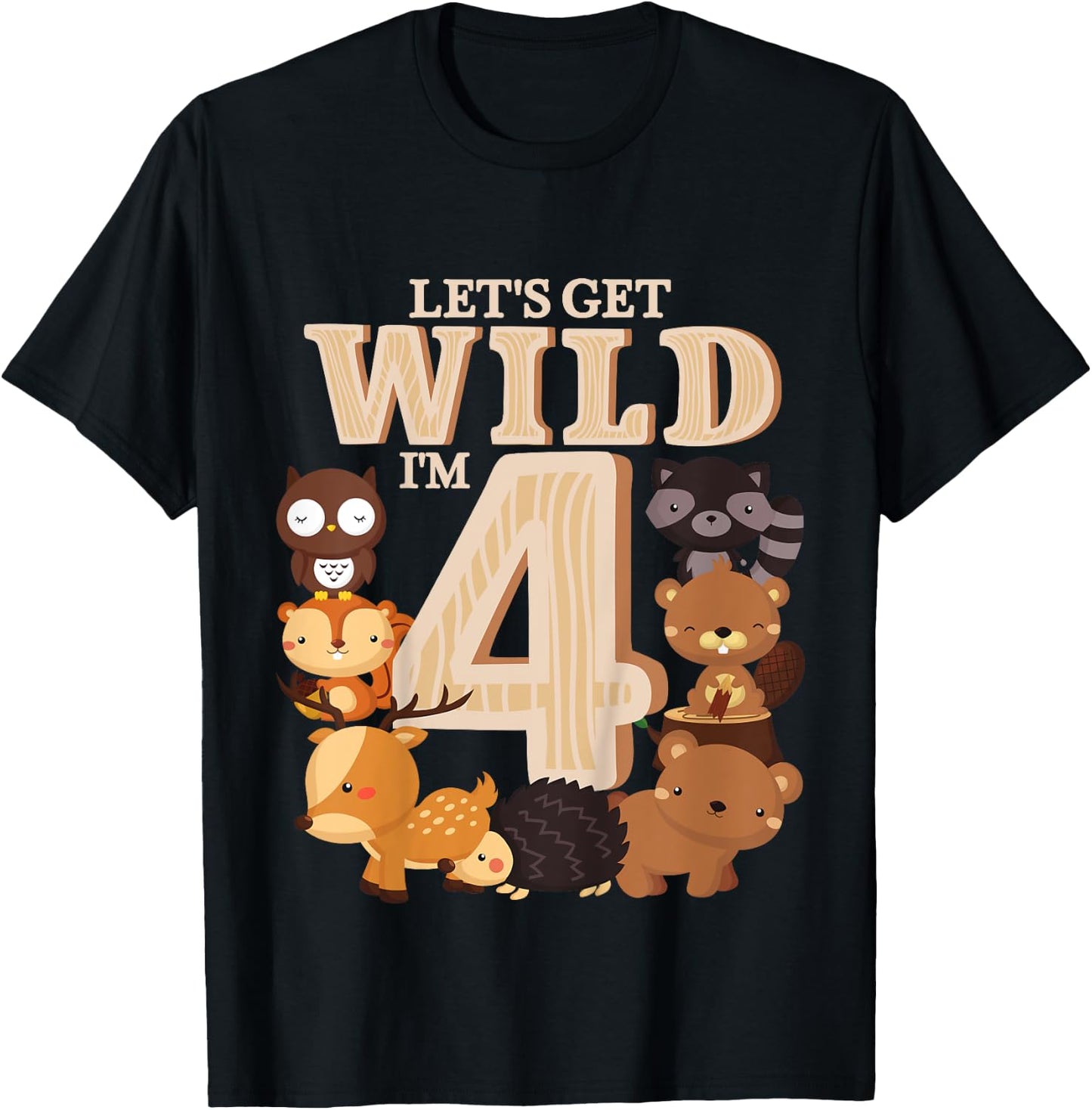 4 Year Old Woodland Animals Birthday Wild Forest 4th Gift T-Shirt - T-Shirt | Black
