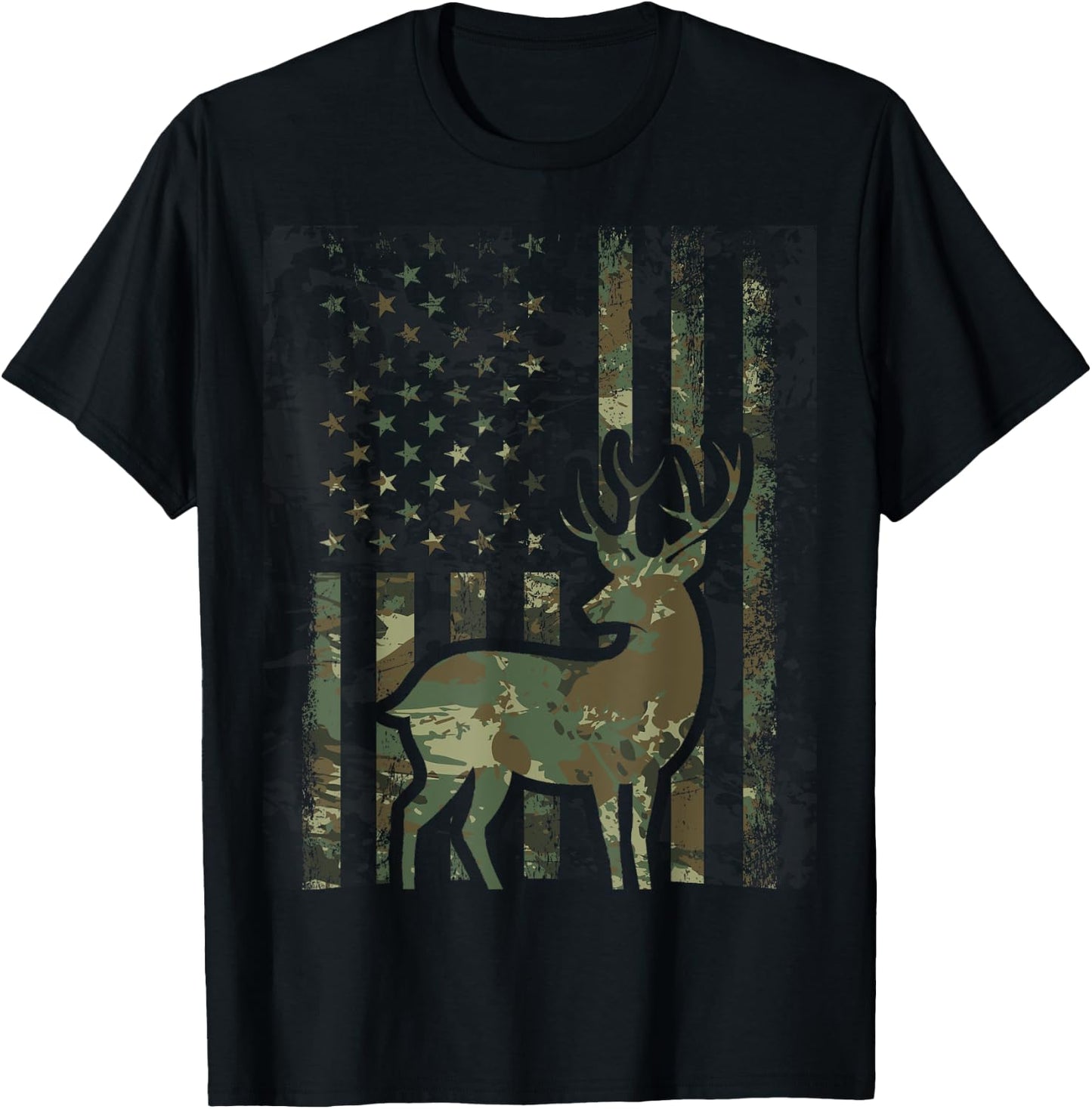 Camo American Flag Buck Hunting Gift Deer Hunter T-Shirt - T-Shirt | Black