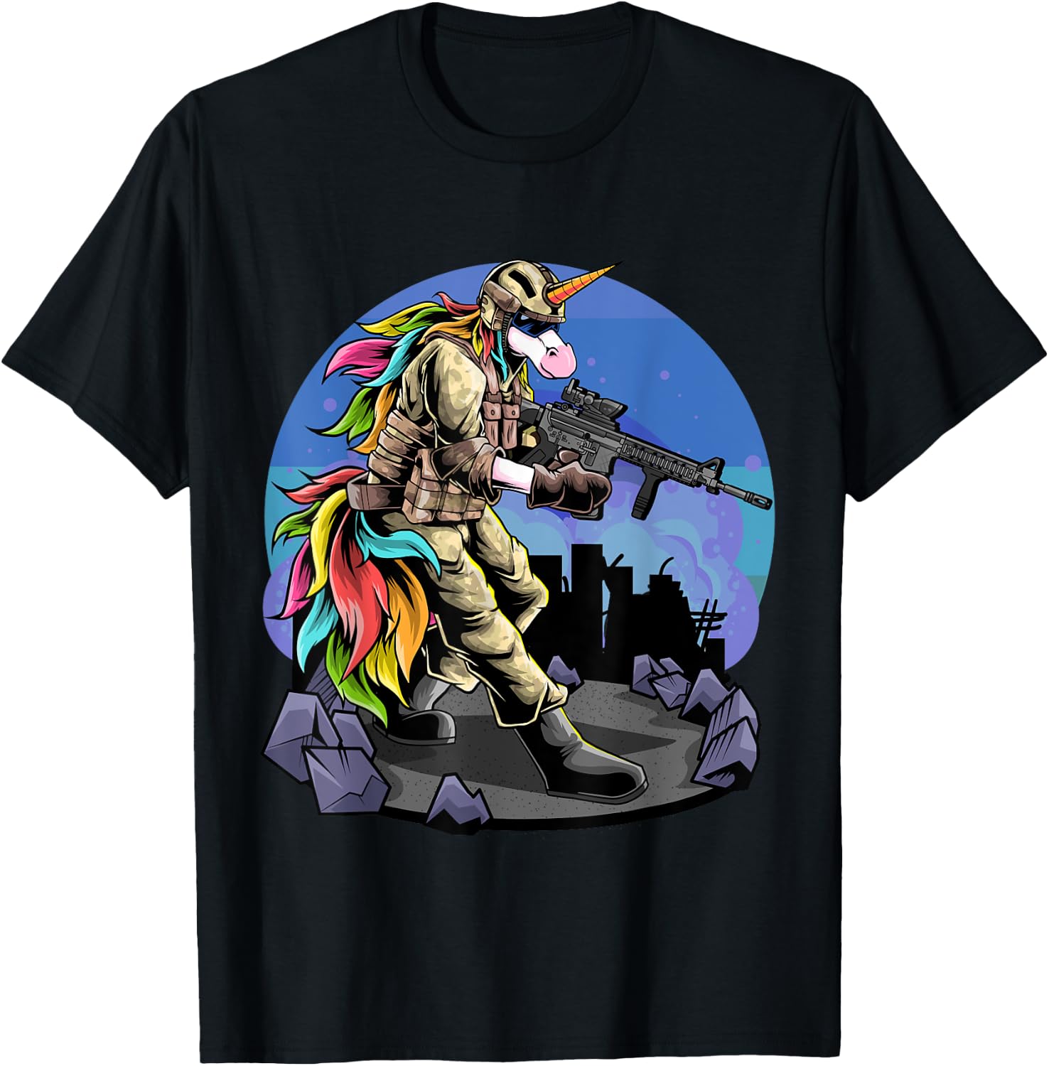 Unicorn Shooting A Gun I Unicorn Warrior I Soldier Unicorn T-Shirt - T-Shirt | Black